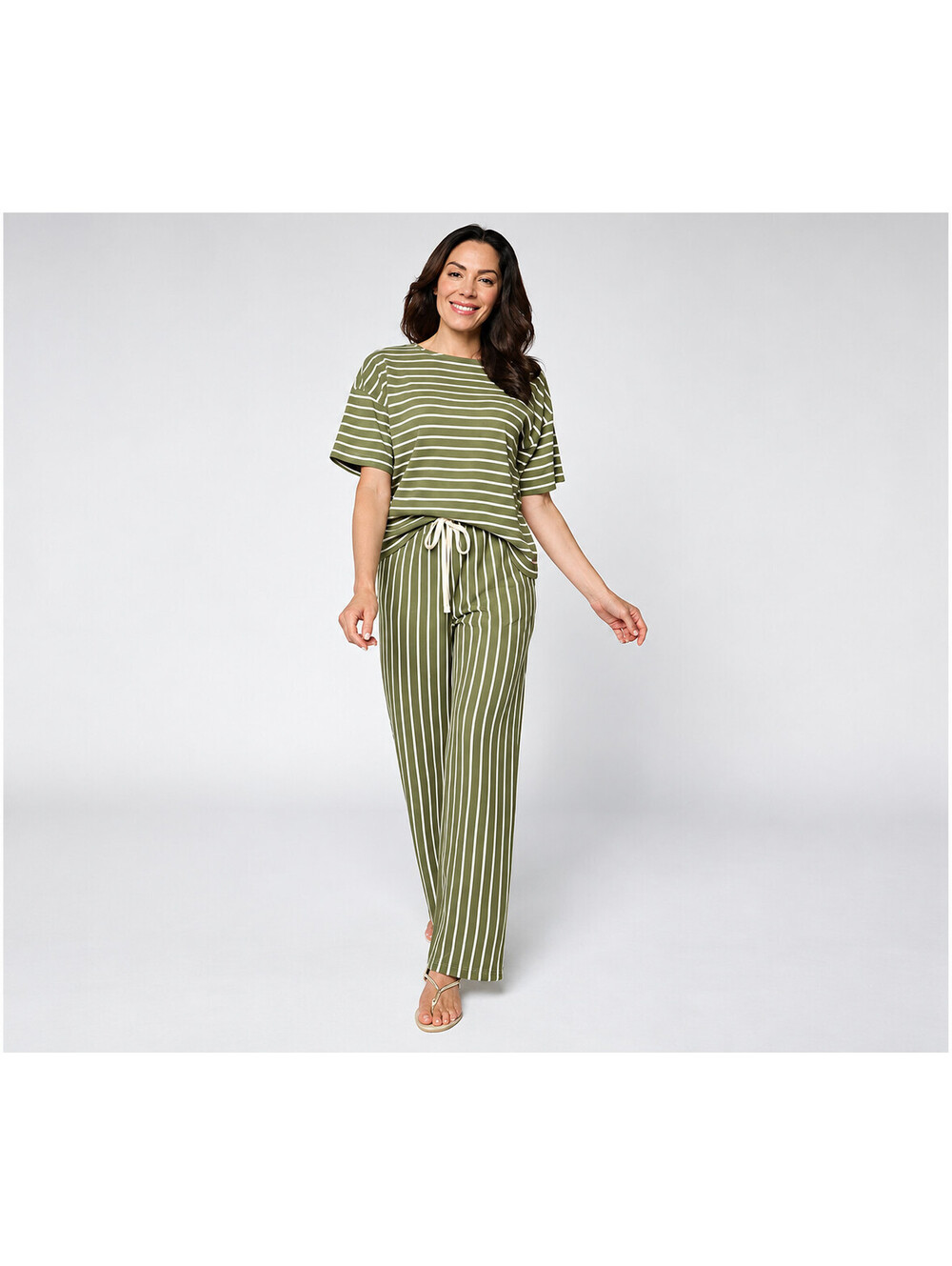 Peace Love World Honeycomb Knit Top and Pant Set GreenAshStripe, Petite Small
